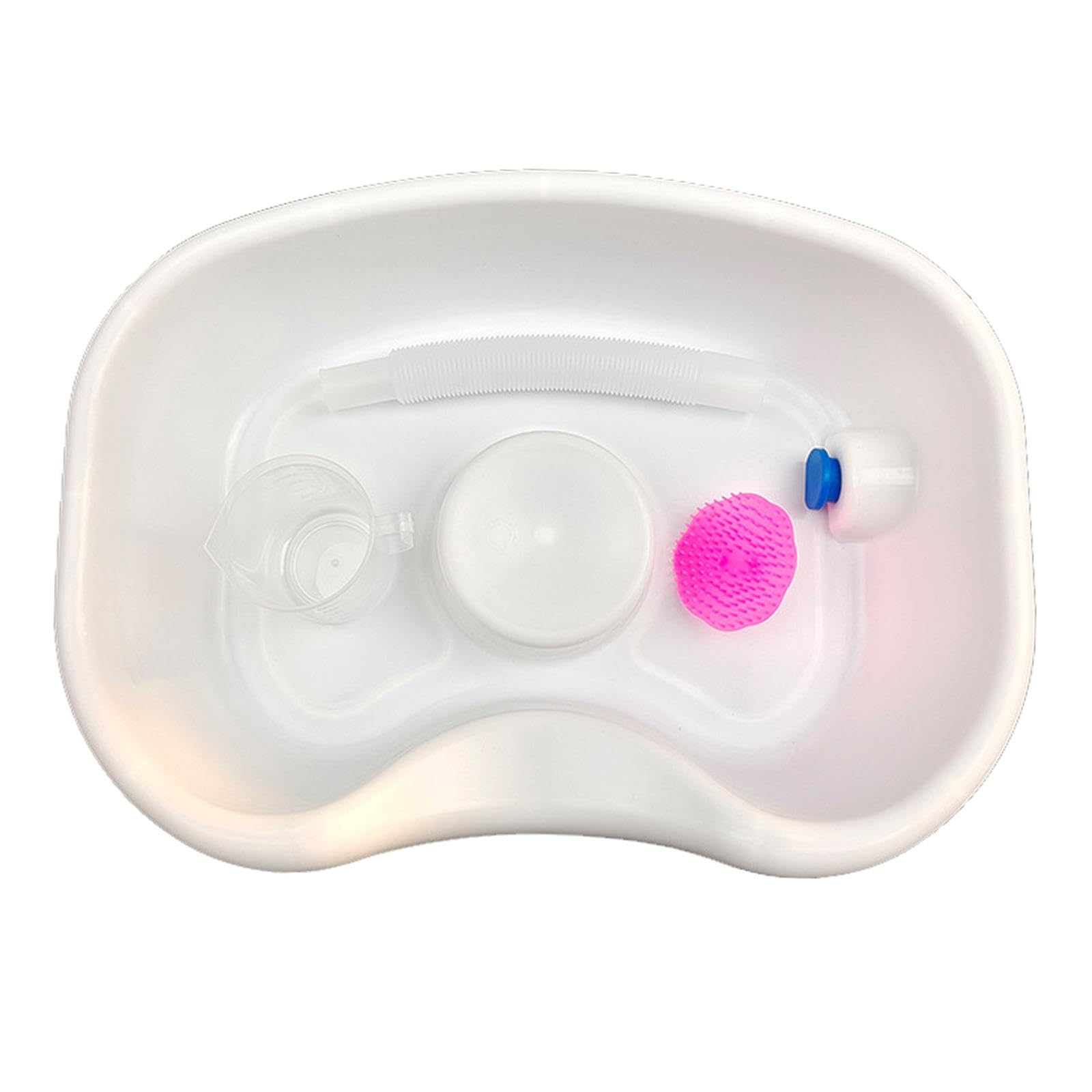 Bol de limpieza de pelo con lavabo de enjuague para ancianos y niños, bandeja de champú portátil con taza, cepillo y tubo de agua telescópico, color blanco