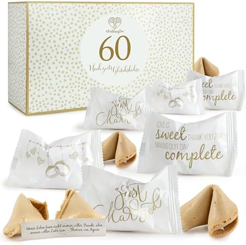 WeddingTree Glückskekse Hochzeit 60 Stück, Vanille, Made in Germany | 60 einzeln verpackte Kekse mit deutschen Sprüchen zur Liebe, vegan, 360 g, für Hochzeit, Verlobung, Taufe und