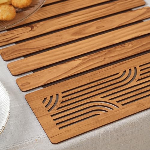 Image of HOME 360 Modern Slat Table Runner | Decorative Finish MDF Slats with Intricate Cut-Out Patterns | Rollable Table Centerpiece for Dining Room, Kitchen | (TAN 2, 14X36 INCH)