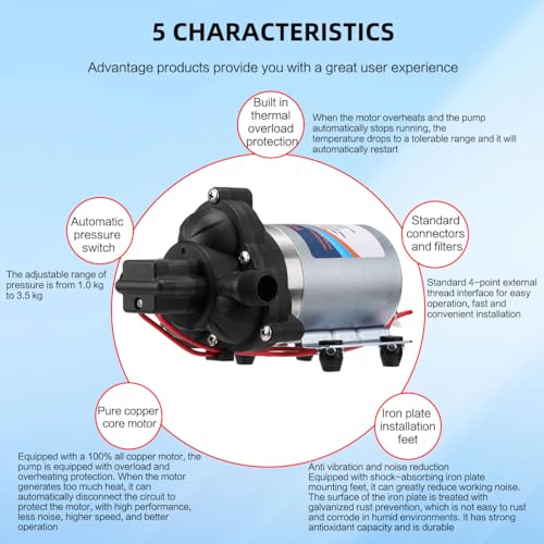 GEARMONSTER Wasserpumpe DC 12V 3,1 bar 45 PSI Selbstansaugende Druckpumpe Membranpumpe mit Druckschalter 3,0 GPM Wasserpumpe für Wohnmobil, Wohnwagen, Yacht, Garten, Camper