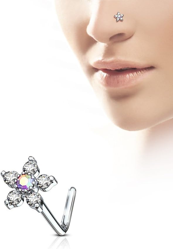 FIFTH CUE 20G 6 CZ Flower Top 316L Surgical Steel L Bend Stud Nose Ring