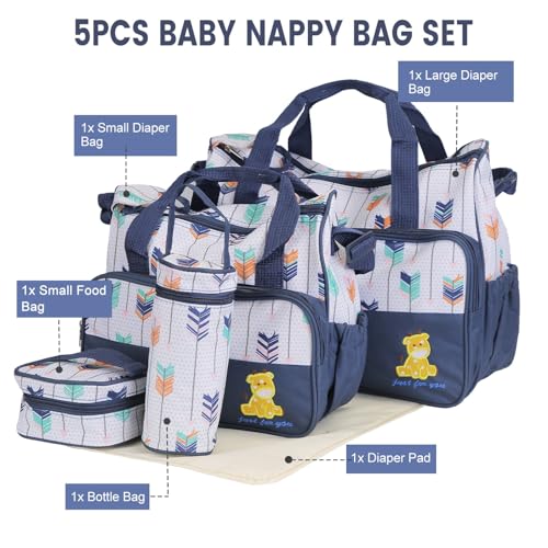 Image of Moclever 5Pcs Baby Nappy Diaper Bags Set-Baby Bags for Mom,Waterproof Maternity Bags with Bottle Bag,Food Bag&Changing Pad For Mom Dad