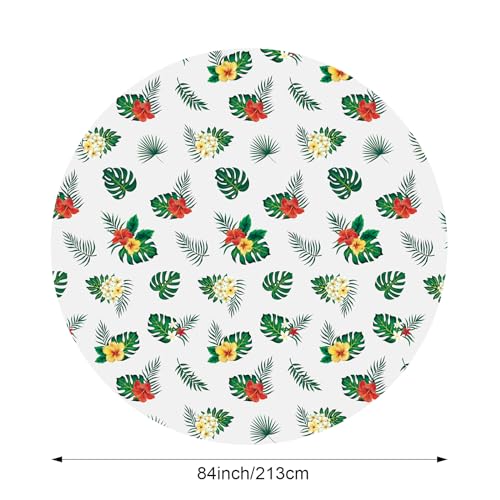 Image of Oudain 12 Pcs 84 inch Summer Round Hawaiian Tablecloths, Lagre Tropical Luau Plastic Table Covers with Palm Leaves & Hibiscus Flower, Aloha Tiki Beach Pool Party Decorations Supplies (White)