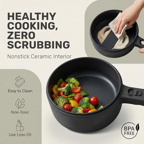 Image of CERAMAX Electric Hot Pot 1.5L, Non-Stick Ceramic Skillet with Steamer & Lid for Ramen, Soup, Steak, Egg - BPA-Free, Non-Toxic, 350F in 4 Min, Portable Electric Pan for Dorm, Travel, RV, Office, Black
