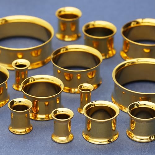 Treuheld® | 6mm Ohr Flesh Tunnel | Chirurgenstahl 316L in Gold | Dünn | Double Flared Ohrtunnel | Dünner Rand | hautfreundlich & antiallergen