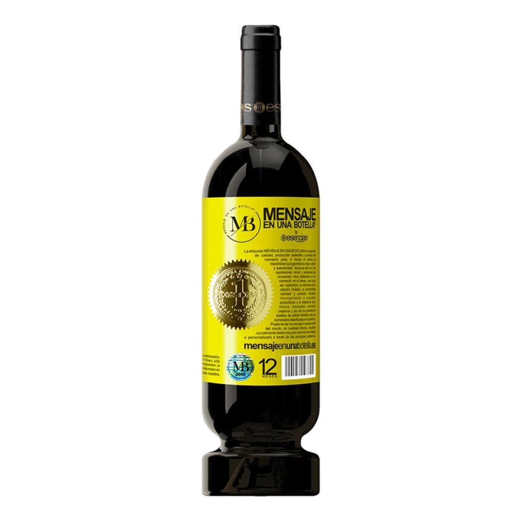 «Du weißt dass du älter wirst wenn jedes Lachen in einem Husten endet» Flaschenpost. Premium Rotwein Reserve 12 Monate MBS Martín Berasategui System + Gift Box. Etikett Gelb ANPASSBAR