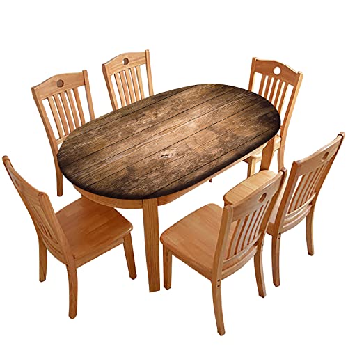 Rustic Oval Wood Grain Table Cloths, Rustic Wood Planks Elastic Edged Polyester Fitted Table Cover, Fits Tables up to 60