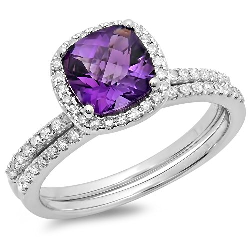 Dazzlingrock Collection 10K Solid Gold 7mm Cushion Cut Amethyst & Round White Diamond Halo Wedding Ring Set