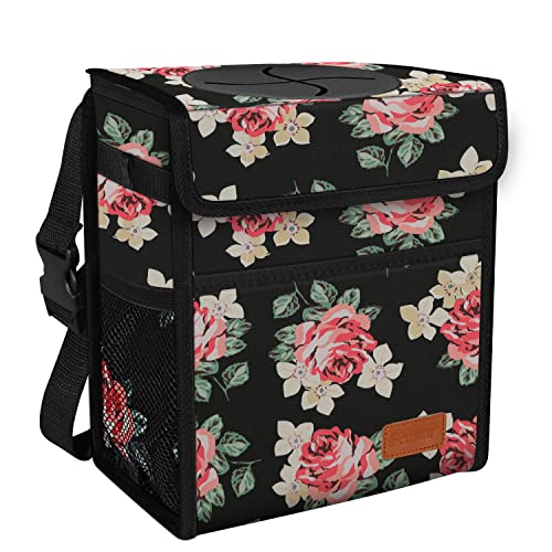 Image of Femuar Car Trash Can Leak Proof Car Trash Bag Waterproof Car Garbage Can with Lid for SUV Front Seat Multipurpose Car Hanging for Headrest Collapsible and Portable with Storage Mesh Pocket, Flower