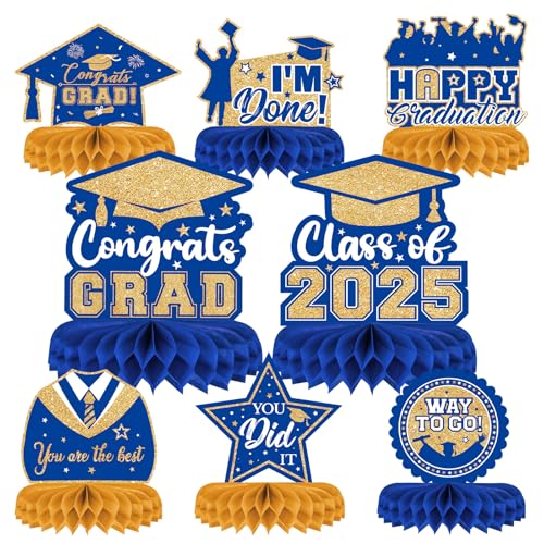 8 Pieces Class of 2025 Graduation Table Decorations - 2025 Congrats Grad Honeycomb Centerpieces, Graduation Table Toppers Decor for 2025 Graduation Party Decorations Favor Supplies, Blue and Gold