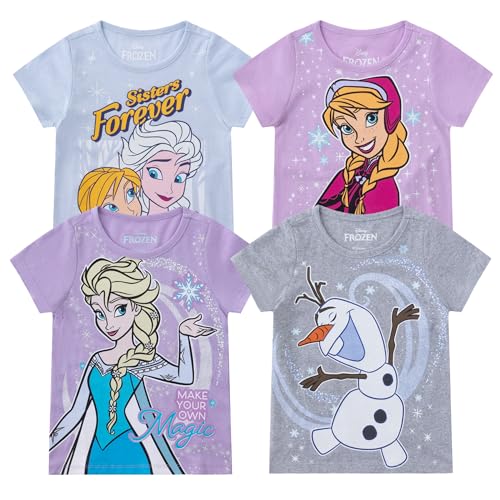 Disney Frozen Elsa, Anna, and Olaf Girls 4 Piece Short Sleeve T-Shirt for Toddler and Big Kids