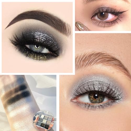 Black Eyeshadow Palette, Smokey Silver Glitter Gothic Eye Shadows Palettes White Grey Matte Cold Toned Long Lasting Waterproof Eye Shadow Pallets for Women Girl Goth Halloween Christmas Make Up Gifts - Image 5