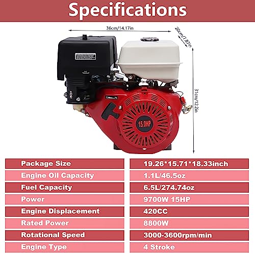 Gas Engine, 4-Stroke 420CC Portable Single Cylinder Horizontal Gas Engine 15HP Air Cooled Recoil Start Gasoline Engine, Go Kart Pull Start Petrol Engine - Image 6