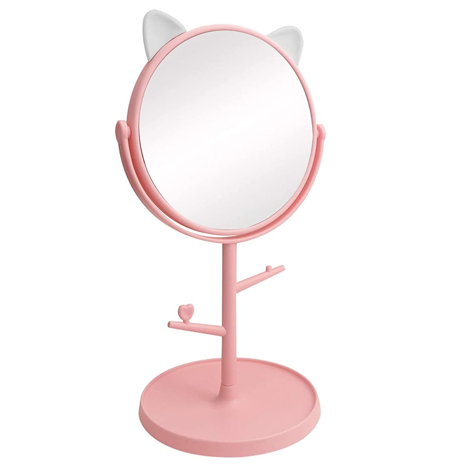 YELONA Plastic Detachable Cat Mirror, Dressing Table Makeup Mirror, 360 Swivel Vanity, Bathroom Mirror, Round, Dresser Mount, Framed - (Pink)