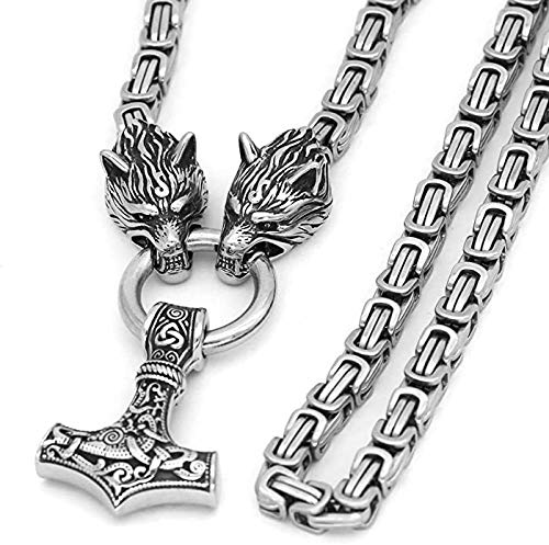 VikingsBrand Vikings King Chain Necklace with Thor Hammer | Mjolnir Necklace | Viking Jewerly