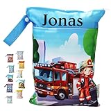 In Deutschland mit Namen personalisierte Wetbag Nasstasche mit 2 separaten Fächern, als Windelbeutel, im Kindergarten oder unterwegs (Feuerwehr)