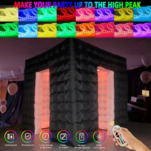 Inflatable Photo Booth, 8.2 x 8.2ft Portable 16 Colors LED Dimmable Shooting Photobooth Tent Enclosure Kit with 2 Doors and Inner Air Blower, Remote Controller, Carry Bag(Black)