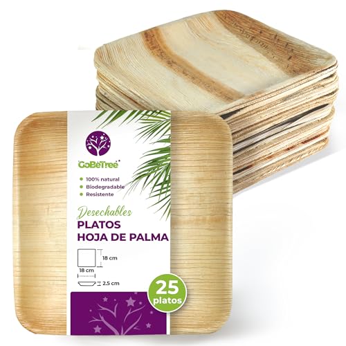 Platos Desechables de Hoja de Palma 25 Platos Cuadrados de 18 cm. Vajilla para barbacoas, picnic y Fiesta de...