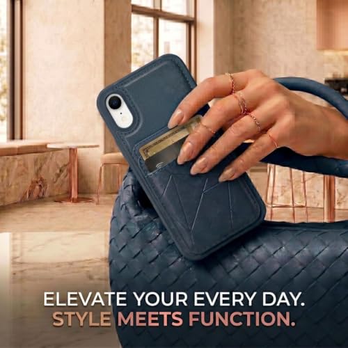 Image of amazon basics Premium Vegan Leather Back Cover with Card Holder and Integrated Mobile Stand for iPhone XR - Slim Shockproof Wallet Case with Geometric Stitching [Blue]