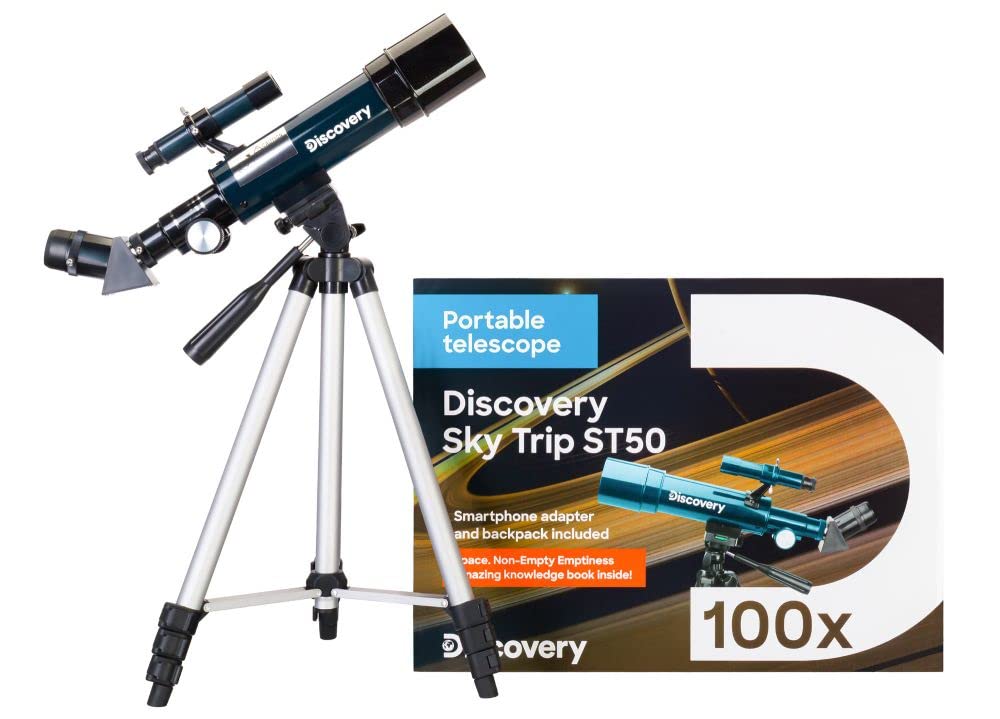 Discovery Sky Trip ST50 Telescopio Rifrattore Da 50 mm, Leggero e Portatile, Per Ragazzi e Principianti, Con Adattatore Fotografico e Un Libro Di Astronomia in Italiano | Apertura 50 mm, Montatura AZ, per Osservare la Luna, Stelle e Oggetti Terrestri, con