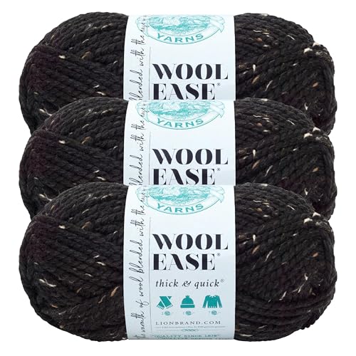 Image of Lion Brand Yarn, Wool-Ease Thick & Quick Yarn, Obsidian Black Tweed, 3 Pack | Super Bulky Wool Acrylic Blend Fiber for Soft Hats, Sweaters, Chunky Blankets, Yarn for Crochet, Knitting, Crafts, Weaving