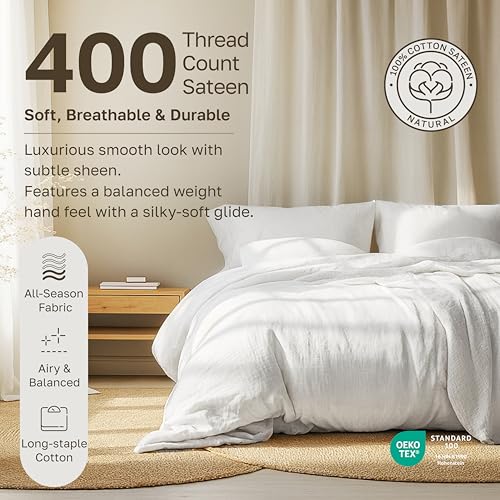 Image of California Design Den Standard Queen Size Pillowcase Set - 400 Thread Count, 100% Cotton Sateen, Set of 2 Pillow Covers, Soft and Breathable - Bright White