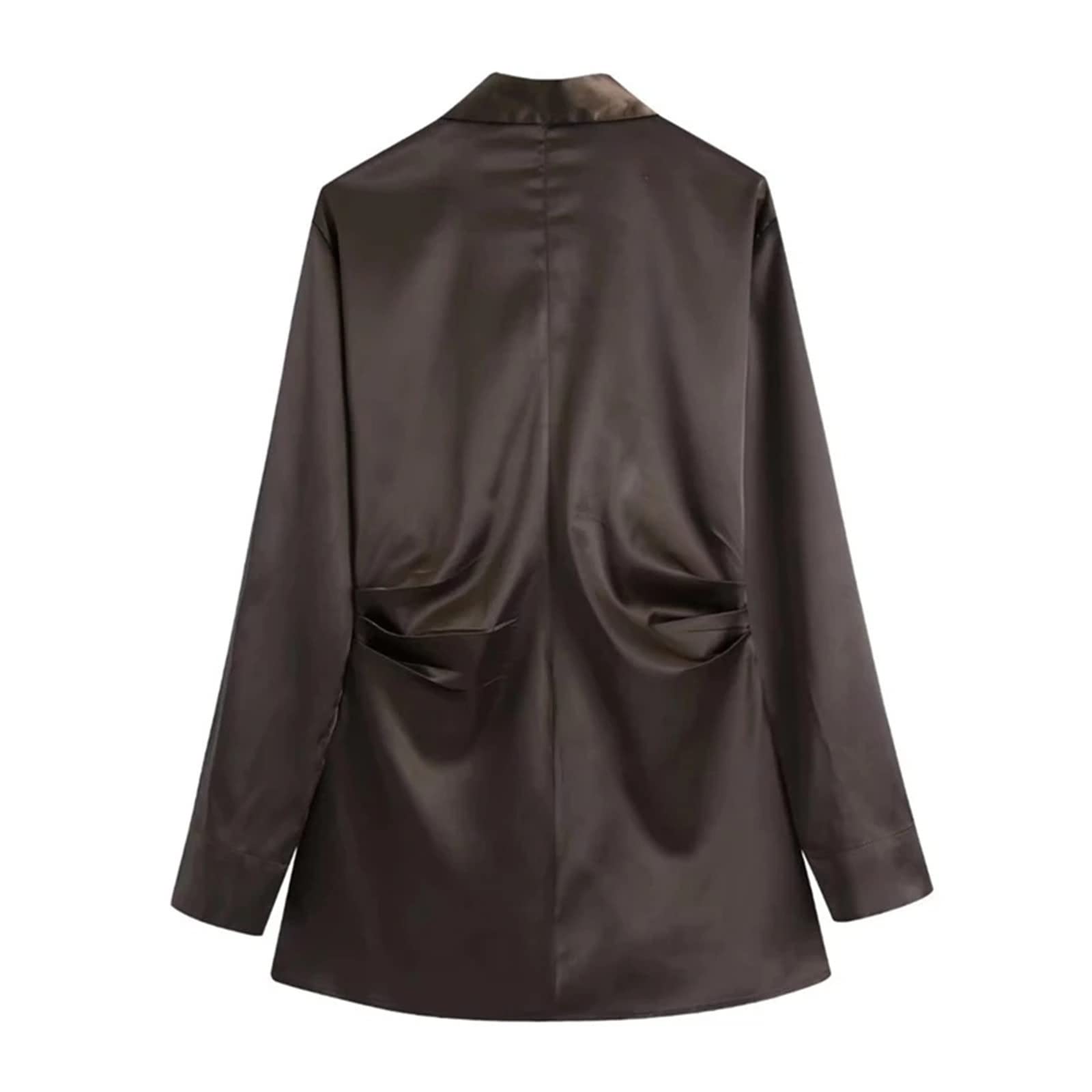 Blusas de Mujer Elegantes Mujeres Slim Brown Satin Folds Camisas Otoño Elegante Dama de Manga Larga Tops Casuales