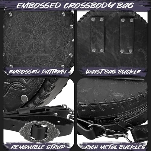 Image of HiiFeuer Viking Embossed Crossbody Bag, Nordic Faux Leather Belt Bag Satchel Bag, Medieval Portable Cosplay Shoulder Bag | Embossed