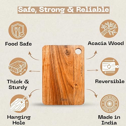 Image of Classyo Wooden Cutting Board for Kitchen, Wooden Chopping Board Wood, Made with Natural Acacia Wood for Vegetables, Fruits & Cheese Cutting, Reversible (Medium, 13 x 8 x 0.5 inch)