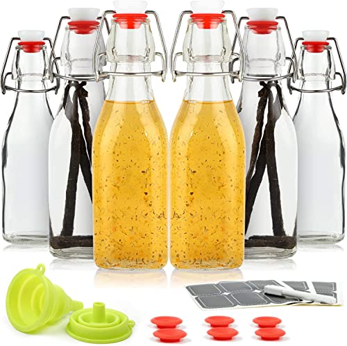Image of Vanilla Extract Bottles [8.5 oz, 12-Pack] - Flip Top Swing Top Glass Bottles for Homemade Extracts, Kombucha, Coquito, Juice - Airtight Leak-Proof Caps with Funnel, Extra Gaskets, Labels & Marker