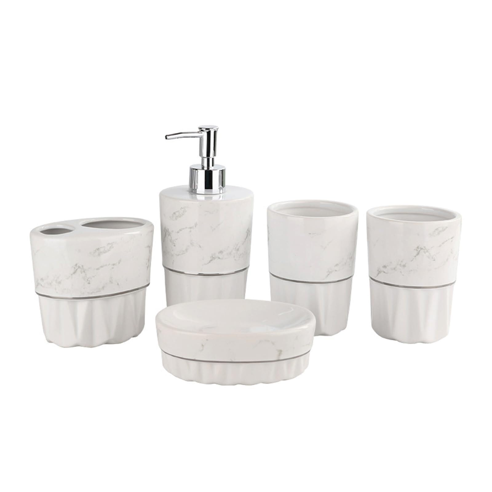 Juego de accesorios de baño de cerámica blanca con efecto mármol y dos vasos para cepillos