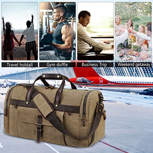 Travel Duffel Bag Waterproof Duffle Bags for Men Oversized Genuine Leather Carryon Weekend bag Canvas Overnight Bag Brown