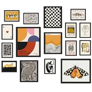 ANERZA 16 PCS Framed Eclectic Wall Art Decor, Modern Maximalist Wall Prints for Bedroom, Vintage Gallery Wall Frame Set, Bauhaus Funky Posters for Home Decor, Retro Abstract Dorm Collage Kit