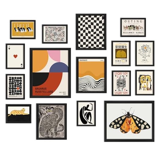 ANERZA 16 PCS Framed Eclectic Wall Art Decor, Modern Maximalist Wall Prints for Bedroom, Vintage Gallery Wall Frame Set, Bauhaus Funky Posters for Home Decor, Retro Abstract Dorm Collage Kit