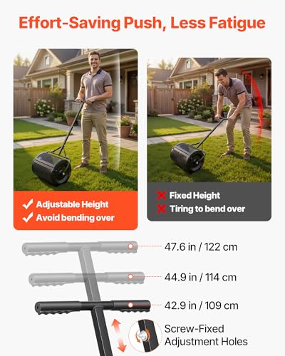 Image of VEVOR Compost Spreader, 16.5 inch Wide Peat Moss Spreader with T Shaped Handle, 3 Heights Adjustable, Powder-Coated Steel Garden Peat Moss Roller, Heavy Duty Grass Seed Roller for Planting Seeding, Black