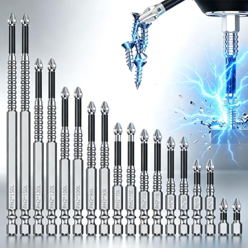 Image of 18 Pcs High Magnetic Screwdriver Drill Bits Set - K5 Anti Slip Bits for Drills, Impact Resistant Long Phillips Bit, Replacable Electric Screwdriver Drill Bit Set - 25/50/65/70/75/90/100/120/150mm