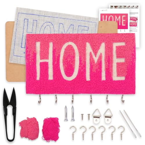 Image of picknMAKE DIY Embroidery Keychain Holder Kit - MDF Base with Pre-Printed Home Design, Pink Wool for Embroidery, 6 Hooks, Glue, Hinges, and All-Inclusive Craft Materials