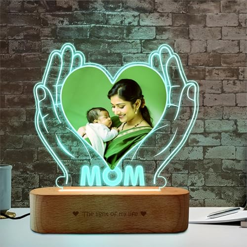 Image of ZOCI VOCI Mothers Day Gifts - Customised Gift for Mom - Personalized Gift for Working Mom - Custom Photo Engraved LED Lamp with Heart & Hands Design (RGB Smooth - (No Remote))