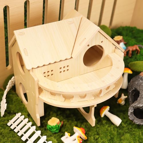 Improved Safety Large Balcony Small & Cute Wooden Hamster House with Large Balcony – Double-Decker Forest-Style Hut for Dwarf Hamsters, Mice, Gerbils, Rats & Small Pets (Compact Size Only) - Image 4