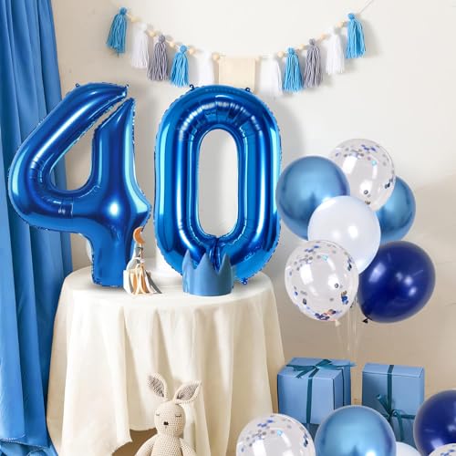 Image of Large Foil Number 40 Balloons, Big Light Navy Blue 40 Helium Balloon with Metallic Silver Confetti Balloon for Men 40th Birthday Party Decor, Mylar Self Inflating 40 Balloon for Graduation Decorations