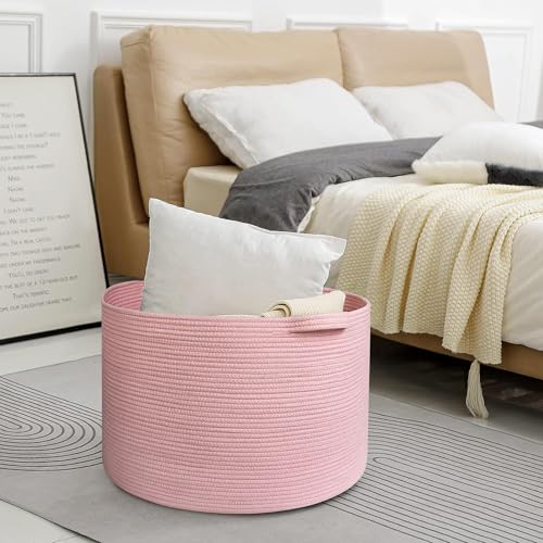 Image of MEGASKET Extra Large Pink Basket, 22 inchx22 inchx14 inch Woven Cotton Rope Bin with Handles, Blanket Storage for Living Room, Baby Kids Toy Storage Bin Box, Wicker Laundry Basket, Pink Room Decor Organizing