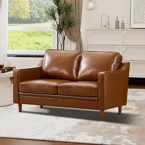 Image of Kingfun 60 inch Faux Leather Sofa, Loveseat Couch, Mid Century Modern Love Seat Couches with Solid Wood Frame for Living Room Bedroom