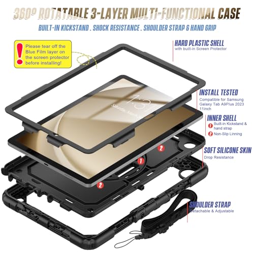 Sibeitu for Galaxy Tab A9+ Plus 11'' Heavy Duty Case for Work 2023 with Screen Protector, Military Grade Defender Protection, Rugged Shockproof Tab A9+ Case W/ 360° Rotating Hand Strap & Stand, Black