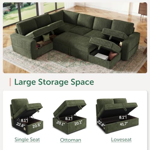 Image of HONBAY Modular Sectional Sleeper Sofa with Pull Out Bed,Corduroy U Shaped Couch with Storage, Sectional Couches for Living Room,Green