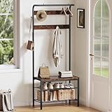 NEWBULIG Hall Tree with Shoe Bench and Coat Rack, 4-in-1 Entryway Organizer with 10 Hooks and Storage Shelf, Rustic Wood Finish Entryway Bench for Mudroom, Living Room, Bedroom, Brown