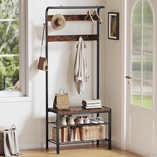 NEWBULIG Hall Tree with Shoe Bench and Coat Rack, 4-in-1
