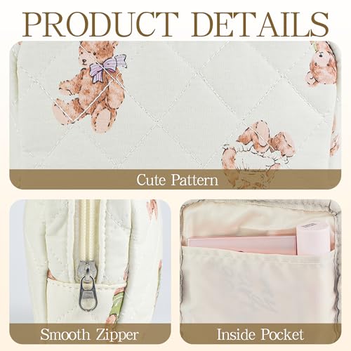 Small Floral Quilted Makeup Bag, Coquette Aesthetic Travel Toiletry Organizer for Women, Lightweight Cotton Cosmetic Pouch4