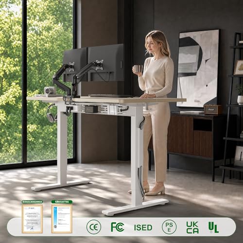 Image of FEZIBO Electric Standing Desk with L-Shaped Crossbar & Cable Management System, 40 x 24 Inches Sit Stand up Desk, Adjustable Height Standing Desk for Home Office, Light Walnut
