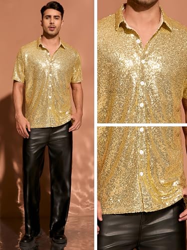 Lars Amadeus Sequin Shirts for Men's Glitter 70s Disco Shirt Button Down Short Sleeve Metallic Tops4