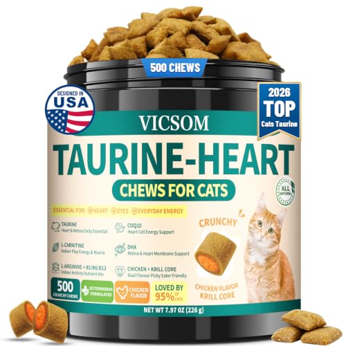 Taurine for Cats CoQ10 for Cats Heart Health Support for Adult & Senior Cats 500 Crunchy Chews with Omega-3 & L-Carnitine Cat Taurine Supplement for Eye & Muscle Support Chicken Flavor